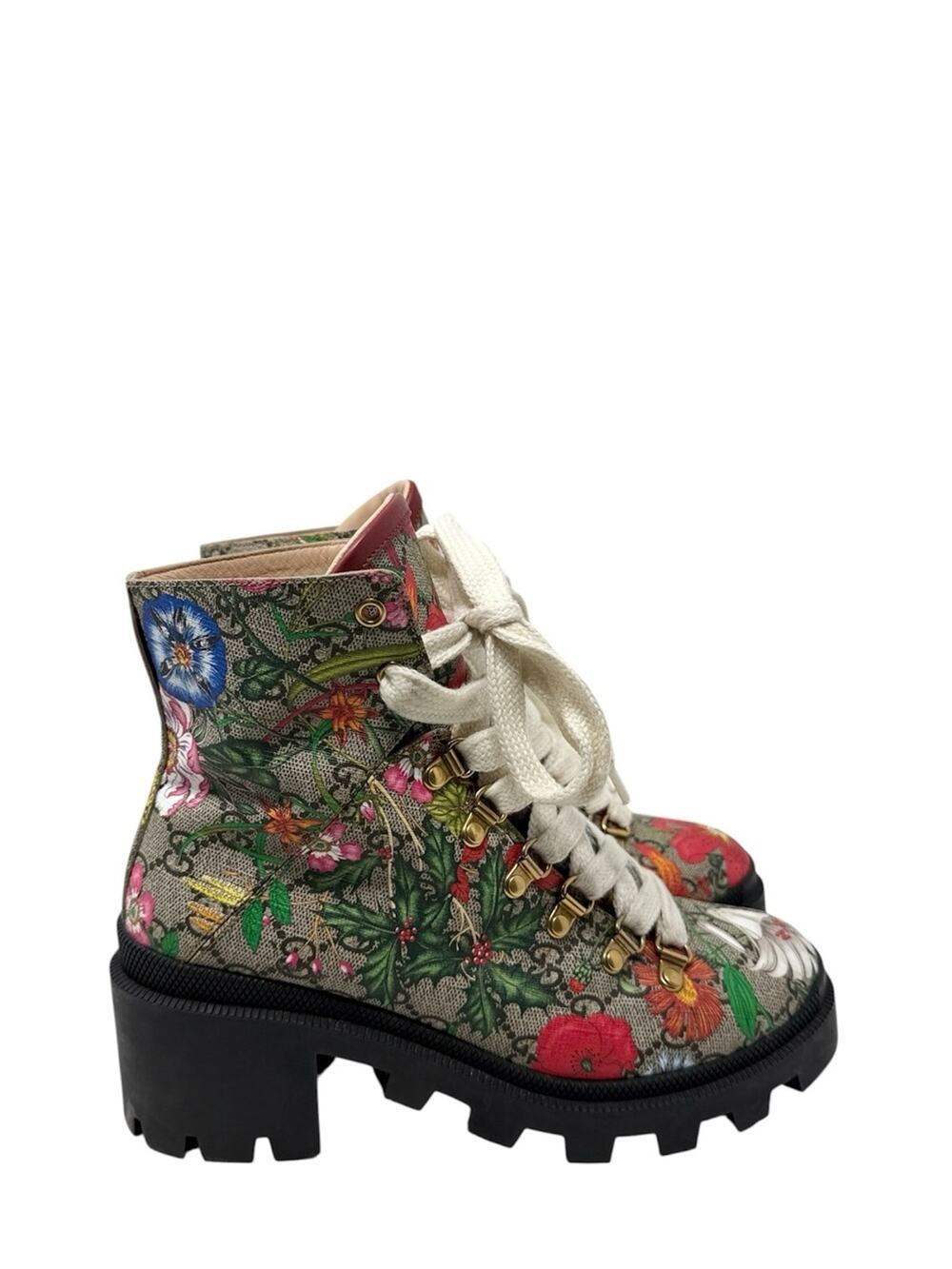 Gucci Trip Lug Sole Floral Coated Canvas Combat Chelsea Boots Size 38